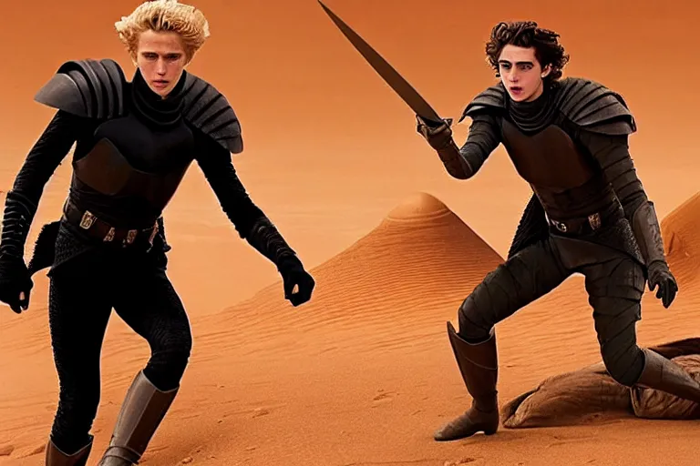 Prompt: a dagger-fight bald_brooding_Austin_Butler_as_Feyd-Rautha_Harkonnen versus Timothee_Chalamet_as_Paul_Atreides, in an arena fight-pit in movie Dune-2021, golden ratio, clear gaze, detailed eyes, detailed faces, 8k