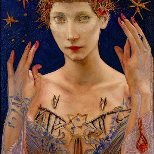 Image similar to the night crown, by Annie Swynnerton and Alayna Danner, embroidered robes, starry tattoos, elaborate costume, geometric ornament, symbolist, soft colors, dramatic lighting, smooth, sharp focus, extremely detailed