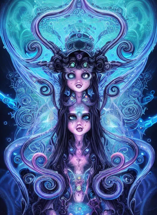 Image similar to A full shot of a dark fairy from the Abyss covered in opal. Symmetrical. Underwater. Lit from above. Dark foreboding Atmosphere. Sailor Moon. Tentacles. Kawaii. Neon glow. By Lisa Frank and HR Giger and Ross Tran. Key Art. Fantasy Illustration. award winning, Artstation, intricate details, realistic, Hyperdetailed, 8k resolution. Photoreal. Octane Render.