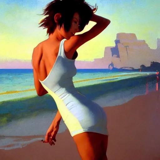 Prompt: greg manchess painting of tracer wearing a skintight dress in a beach, medium shot, organic painting, sunny day, bold shapes, hard edges, street art, trending on artstation, by huang guangjian and gil elvgren and sachin teng and artgerm and greg rutkowski and alphonse mucha