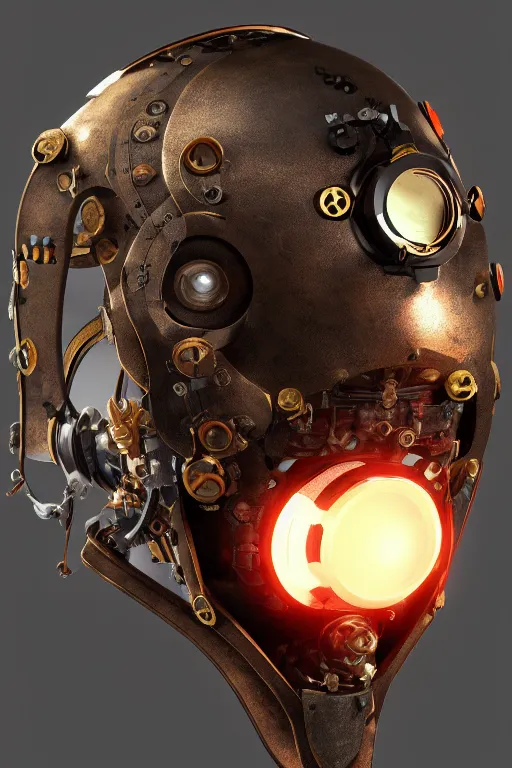 Image similar to steampunk mask minimalist fantasy art robot ninja helmet, global illumination ray tracing hdr fanart arstation by sung choi and eric pfeiffer and gabriel garza and casper konefal radiating a glowing aura