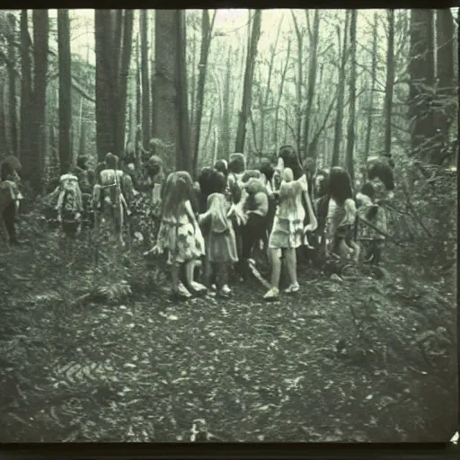 Image similar to dark forest party in 1 9 6 9, polaroid photo, perfect photo, photo pinterest