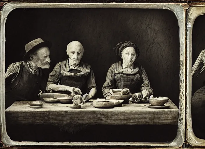 Image similar to old wetplate daguerreotype potato eaters by van gogh, fractal, intricate, elegant, highly detailed, parallax, leica, medium format, subsurface scattering, by jheronimus bosch and greg rutkowski and louis jacques mande daguerre