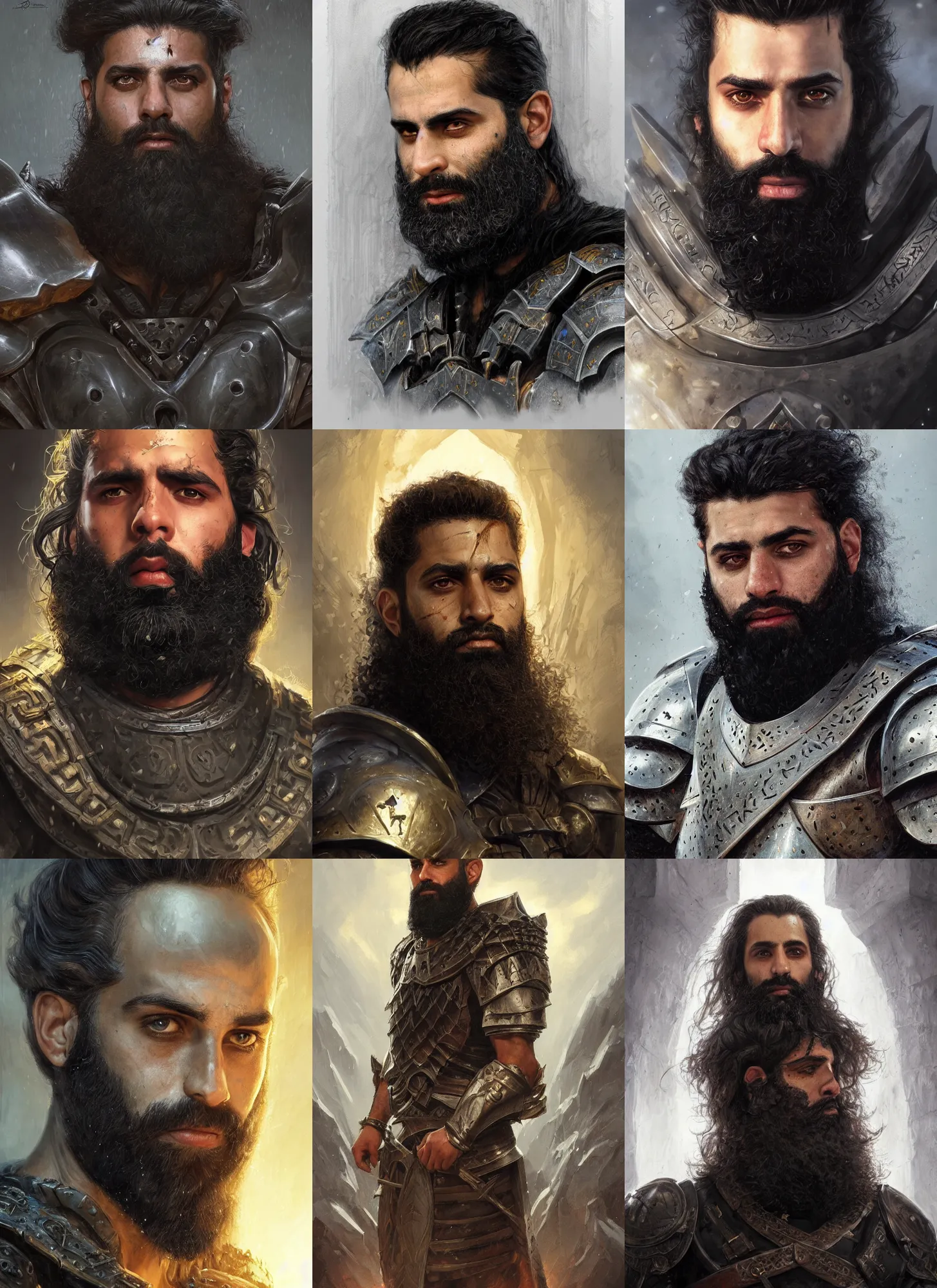 Prompt: a portrait of mena massoud as a bearded man, battle scars on face, paladin armor, black hair, some grey hair in beard, style by donato giancola, wayne reynolds, jeff easley dramatic light, high detail, cinematic lighting, artstation, dungeons and dragons