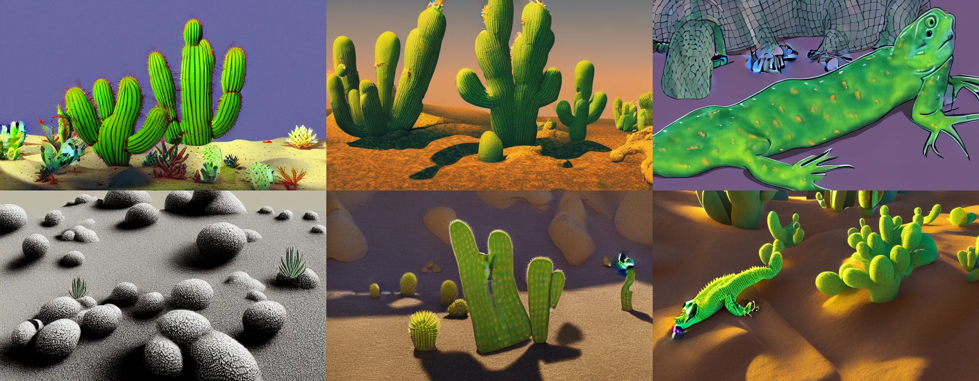 Image similar to Lizard land dreamscape with cactus, shadow ray tracing