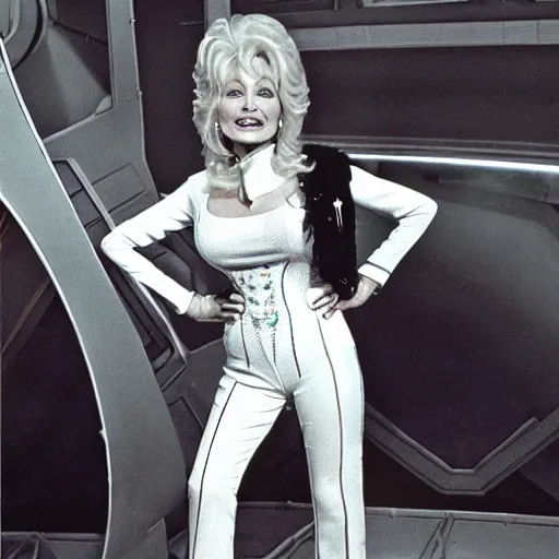 Prompt: dolly parton on the set of star trek, 1 9 7 0 s vogue magazine cover