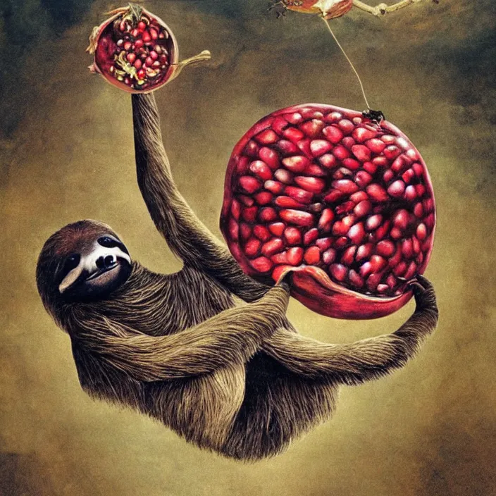 Image similar to sloth enjoying a pomegranate floating though space, in the style of dali