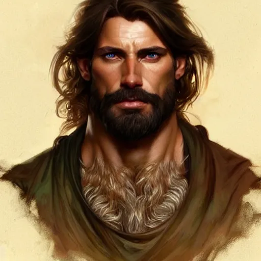 Image similar to Portrait of rugged male ranger, D&D, amber eyes, face, long hair, muscular, fantasy, intricate, elegant, highly detailed, digital painting, artstation, concept art, smooth, sharp focus, illustration, art by artgerm and greg rutkowski and alphonse mucha