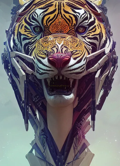 Prompt: symmetry!! portrait of a hybrid robot tiger, floral! horizon zero dawn machine, intricate, elegant, highly detailed, digital painting, artstation, concept art, smooth, sharp focus, illustration, art by artgerm and greg rutkowski and alphonse mucha, 8 k