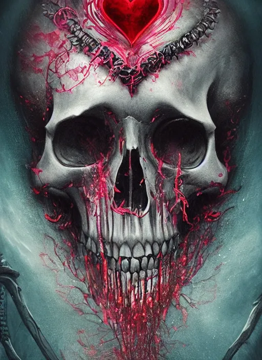 Image similar to the knave of hearts, death tarot card, highly detailed, half skull face, cinematic, 8 k, by megan duncanson, benjamin lacombe, adrian borda, stanley artgermm, tom bagshaw, craig mullins, carne griffiths, ayami kojima, beksinski, giger, trending on deviantart, hyper detailed, horror, full of colour