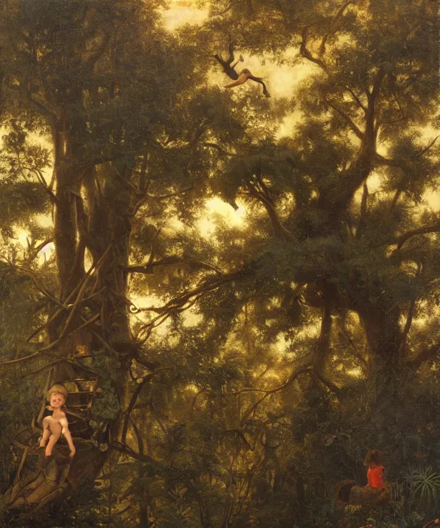 Image similar to masterful oil on canvas painting, eye - level view, shot from 5 0 feet distance, of a kid playing in a treehouse. in the background is a whimsical sparse forest. by ambrosius benson and gerald brom. golden hour, detailed, depth, volume, chiaroscuro, quiet intensity, vivid color palette.