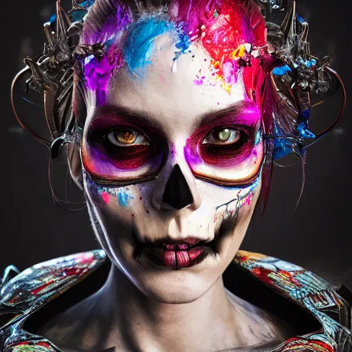 Image similar to full body pose, hyperrealistic mixed media painting of gorgeous skull woman, dim volumetric lighting, 8 k, octane beautifully detailed render, extremely hyper detailed, intricate, epic composition, cinematic lighting, masterpiece, trending on artstation, very very detailed, masterpiece, stunning, hdr, smooth, sharp focus, high resolution, award, winning photo, dslr, 5 0 mm