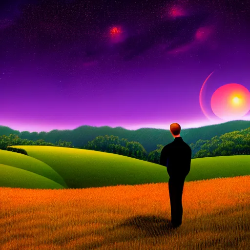 Prompt: idealized detailed image of a content man thinking to himself while in a dream-like environment, looking over a landscape of bright, rolling hills, a quaint little village in the background and starlit skies, the sky has purple/light orange undertones
