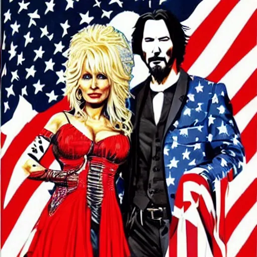 Prompt: American Gothic, with Keanu Reeves and Dolly Parton, by MARVEL comics and Sandra Chevrier