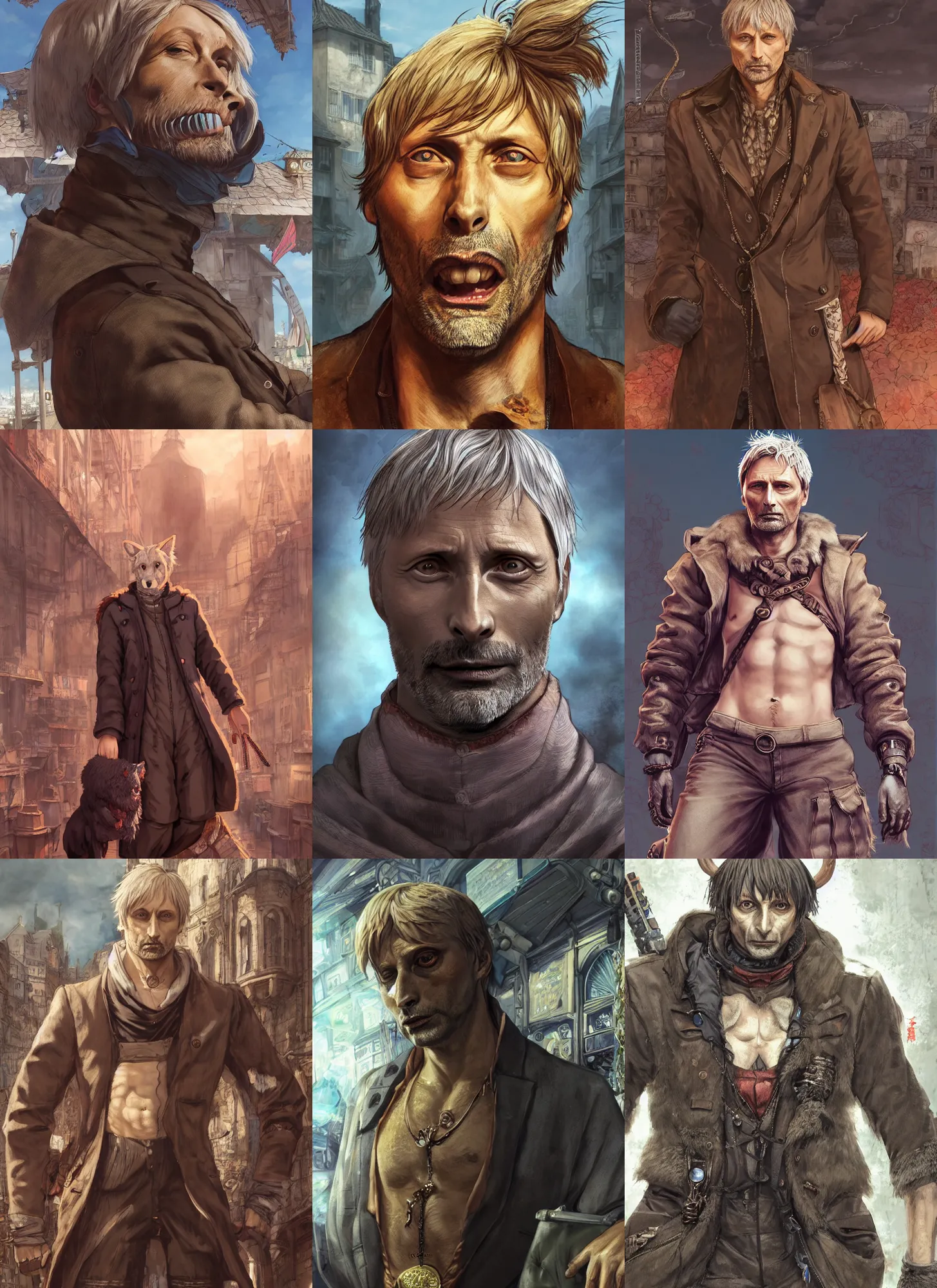 Prompt: fursona!!!, full body character portrait of mads mikkelsen with gorgeous detailed eyes in the marketplace in the sky, color page, tankoban, 4 k, tone mapping, doll, akihiko yoshida, james jean andrei riabovitchev marc simonetti, yoshitaka amano, h. hydrochaeris