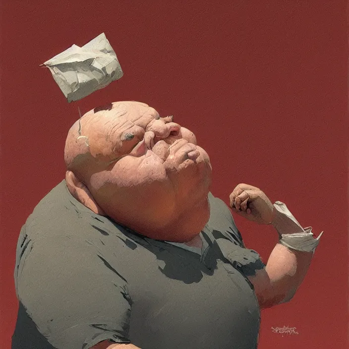 Prompt: old fat man portrait with a paper bag over the head, highly detailed, artstation, art by ian mcque, ilya kuvshinov, zdislav beksinski, wayne barlowe, edward hopper
