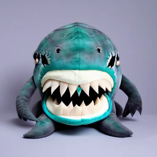 Image similar to a sharkchthulu plush. beautifully made, detailed, cute, soft. high quality, studio lighting, product image