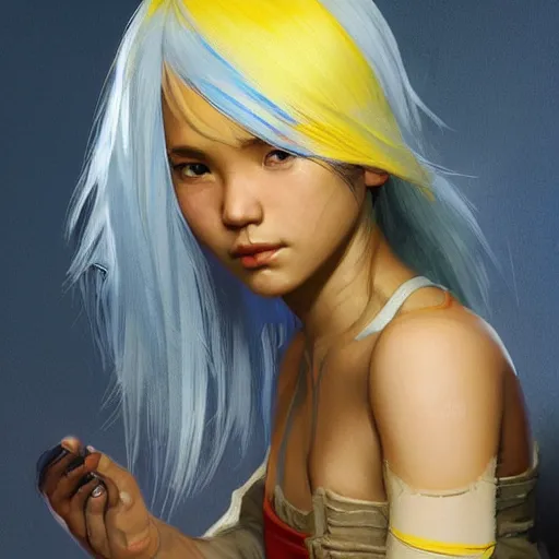 Image similar to filipino girl with blue - yellow hair and a nose band aid, metal bandaid in the nose, highly detailed, digital painting, artstation, concept art, smooth, sharp focus, illustration, art by artgerm and greg rutkowski and alphonse mucha