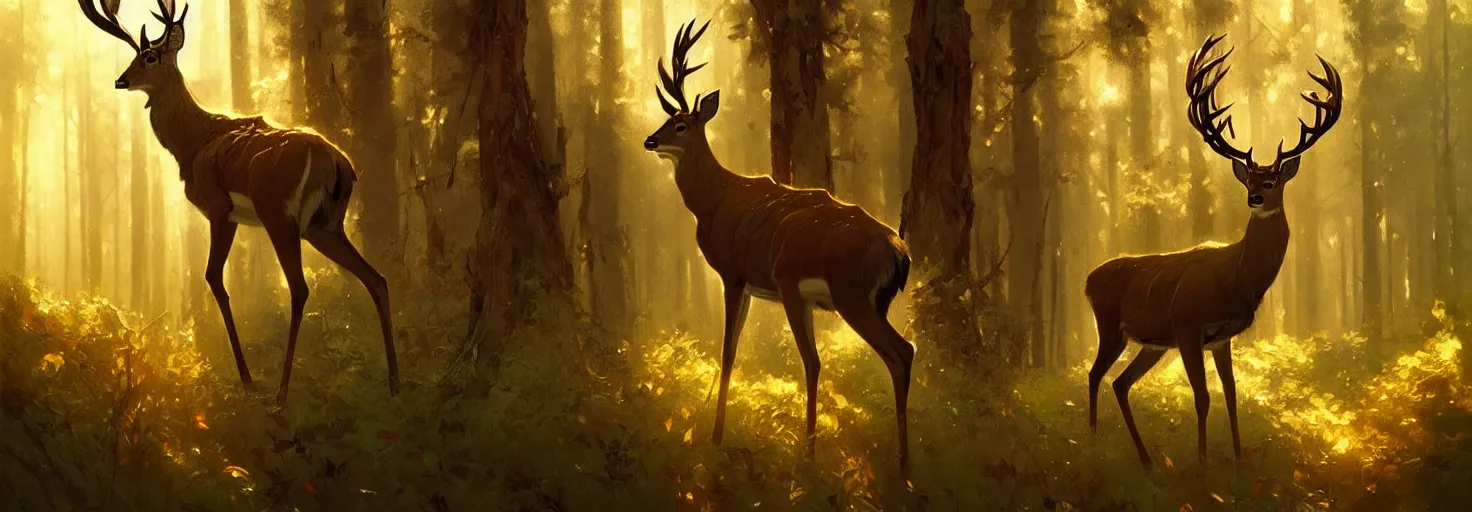 Image similar to Deer in Sherwood Forest, full frame, highly detailed, digital painting, artstation, concept art, smooth, sharp focus, illustration, art greg rutkowski and alphonse mucha