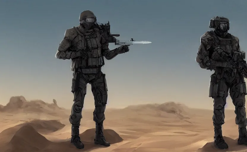 Prompt: concept art of sci - fi, future soldier in stealth cloak in desert with a sniper rifle, hiding in flying sand, artstation, visual trends, digital art
