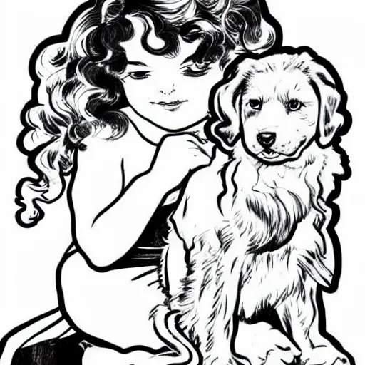 Prompt: clean simple line art of a little girl with wavy curly hair sitting next to a cute puppy. white background. well composed, clean black and white line drawing, beautiful detailed face. illustration by steve ditko and jack kirby and alphonse mucha