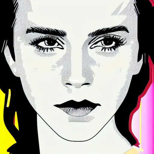 Image similar to a closeup of emma watson, in retro colors, synthwave style, 2 d digital vector art