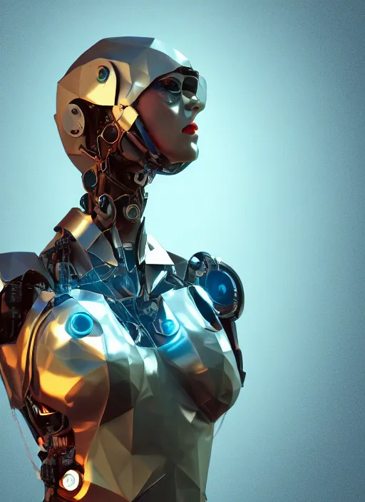 Image similar to woman, cyborg, low-poly, steampunk color scheme, hydro integration, robot, close-up shot