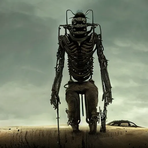 Image similar to ant humanoid, post-apocalyptic, mad max style, top cinematic lighting , cinematic mood, very detailed,