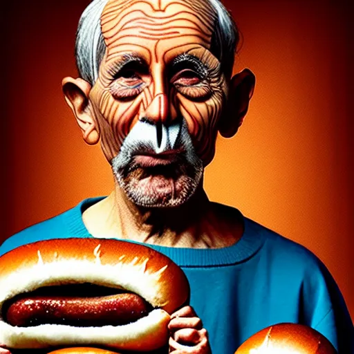 Image similar to Colour Photography of 1000 years old man that eating hot-dog with highly detailed 1000 years old face in style of Josan Gonzalez