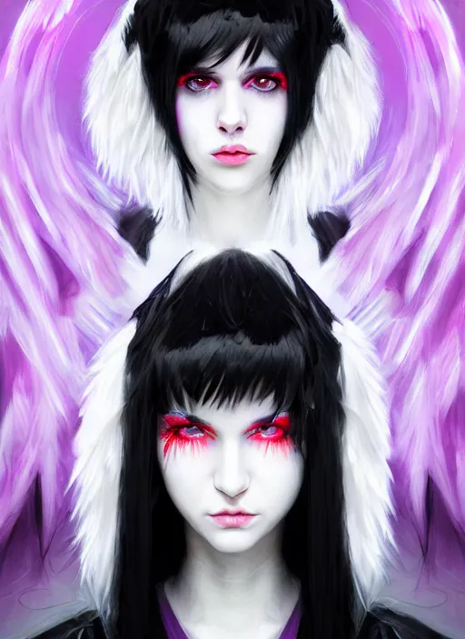 Image similar to whitebangs, black hair, black cyberlox, portrait of white teenage girl, normal face, white bangs, fluffy bangs, cyberlox, whitebangs, red contact lenses, purple background, intricate, elegant, highly detailed, digital painting, artstation, concept art, sharp focus, smooth, illustration, art by wlop, mars ravelo and greg rutkowski