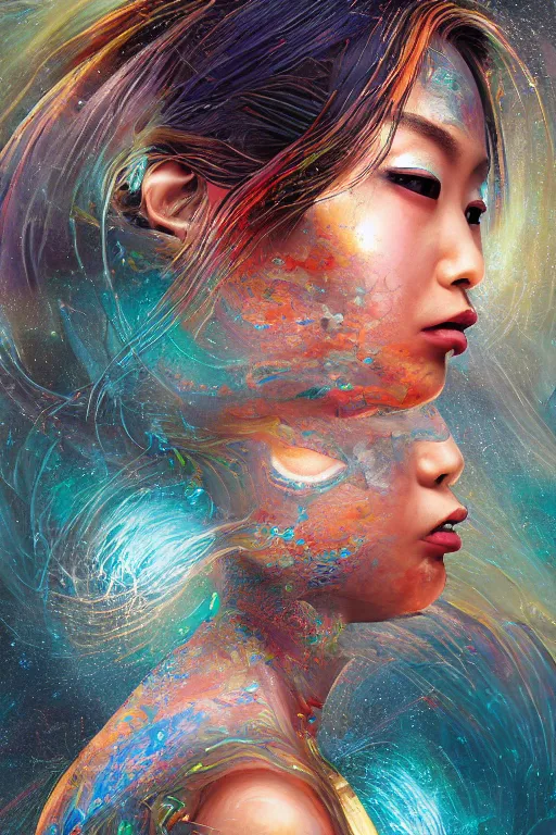 Prompt: a matte painting of a stunningly beautiful japanese woman with skin made of double sided koroit patterned boulder opal, paint swirl aesthetic, by Sam Spratt and Dan Mumford, 8k resolution, ultra-high definition, UHD, metal materials, marble materials, wood materials