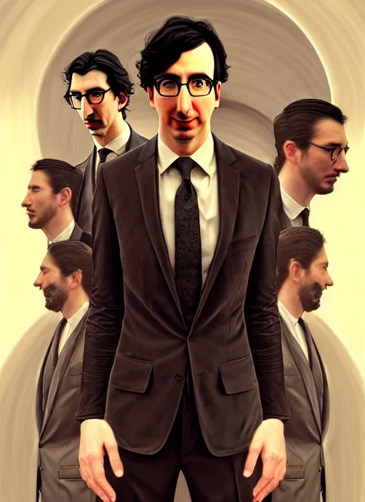 Prompt: painting of both john oliver and adam driver together, john oliver in front, full body, elegant, beautiful, highly detailed, centered, dark, smokey, digital painting, concept art, smooth, sharp focus, illustration, deviant art, art by artgerm, art by greg rutkowski, art by alphonse mucha