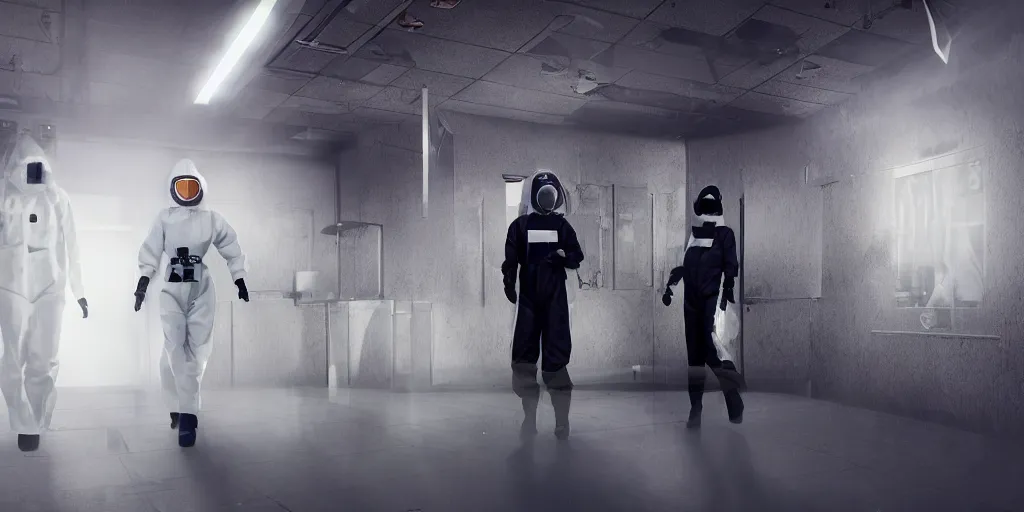 Image similar to woman wearing all black has shootout with staff, staff wearing hazmat suits, underground lab, sterile, unknown location, birds eye view, epic, light and shadows, concept art