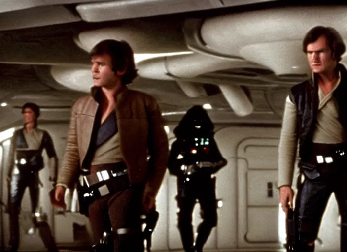 Image similar to screenshot of Han Solo dressed up as an imperial officer, iconic scene from 1970s spy thriller film directed by Stanley Kubrick, in a sci-fi shipping port, last jedi, 4k HD, cinematic lighting, beautiful portraits, moody, stunning cinematography, anamorphic lenses, kodak color film stock