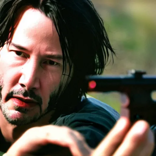 Prompt: a photo of keanu reeves aiming a gun at melanie laurent kodak portra 4 0 0, 8 k, macro, cinematic style by emmanuel lubezki