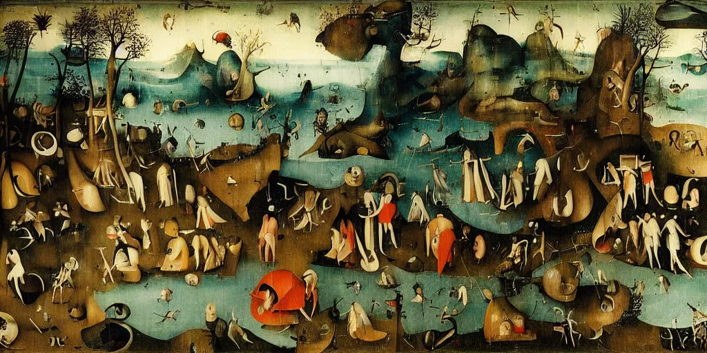Prompt: in the endless forest there was a blue sea, and five men in suits stood evenly, holding out their hands in the direction of the sea ， by hieronymus bosch
