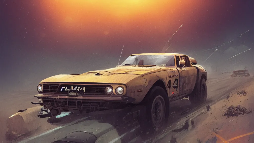 Image similar to digital illustration of mad max's fj 4 0 pursuit special, the last v 8 interceptor driving down a deserted valhalla highway in the middle of the day by studio ghibli, anime style year 2 0 9 3, by makoto shinkai, ilya kuvshinov, lois van baarle, rossdraws, basquiat