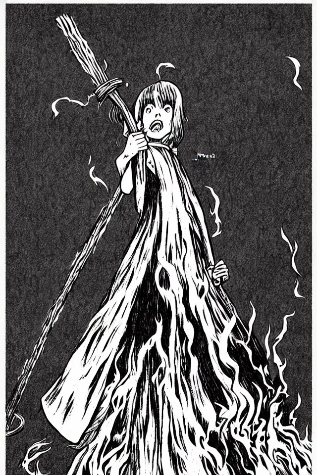 Prompt: glossy old advertising poster of a witch burning at the stake, drawn comic by junji ito, pastels, gradient,