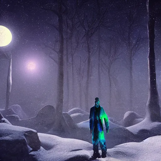 Prompt: an astral man on a snowy biome at night, starry, fantasy, hyper realism, behance, artstation, unreal engine 5, octane, deviantart