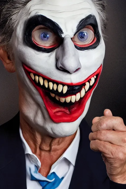 Prompt: Mauricio Macri with an angry cat in his hand in Elaborate Joker Makeup and prosthetics designed by Rick Baker, Hyperreal, Head Shots Photographed in the Style of Annie Leibovitz, Studio Lighting