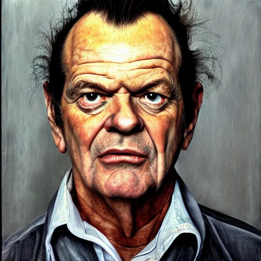 Image similar to high quality high detail painting by lucian freud, hd, portrait of mad jack nicholson, photorealistic lighting