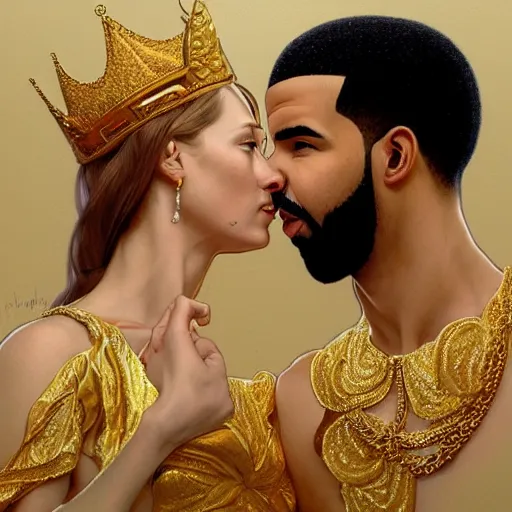 Prompt: highly detailed portrait of an drake hitting on your mom wearing a gold crown and gold chains, realistic portrait, symmetrical, highly detailed, digital painting, artstation, concept art, smooth, sharp focus, illustration, cinematic lighting, art by artgerm and greg rutkowski and alphonse mucha