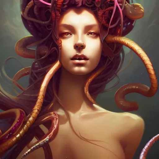 Image similar to a beautiful portrait of nubile medusa, concept art by pete mohrbacher and guweiz and ilya kuvshinov, digital art, highly detailed, intricate, sharp focus, trending on artstation hq, deviantart, unreal engine 5, 4 k uhd image