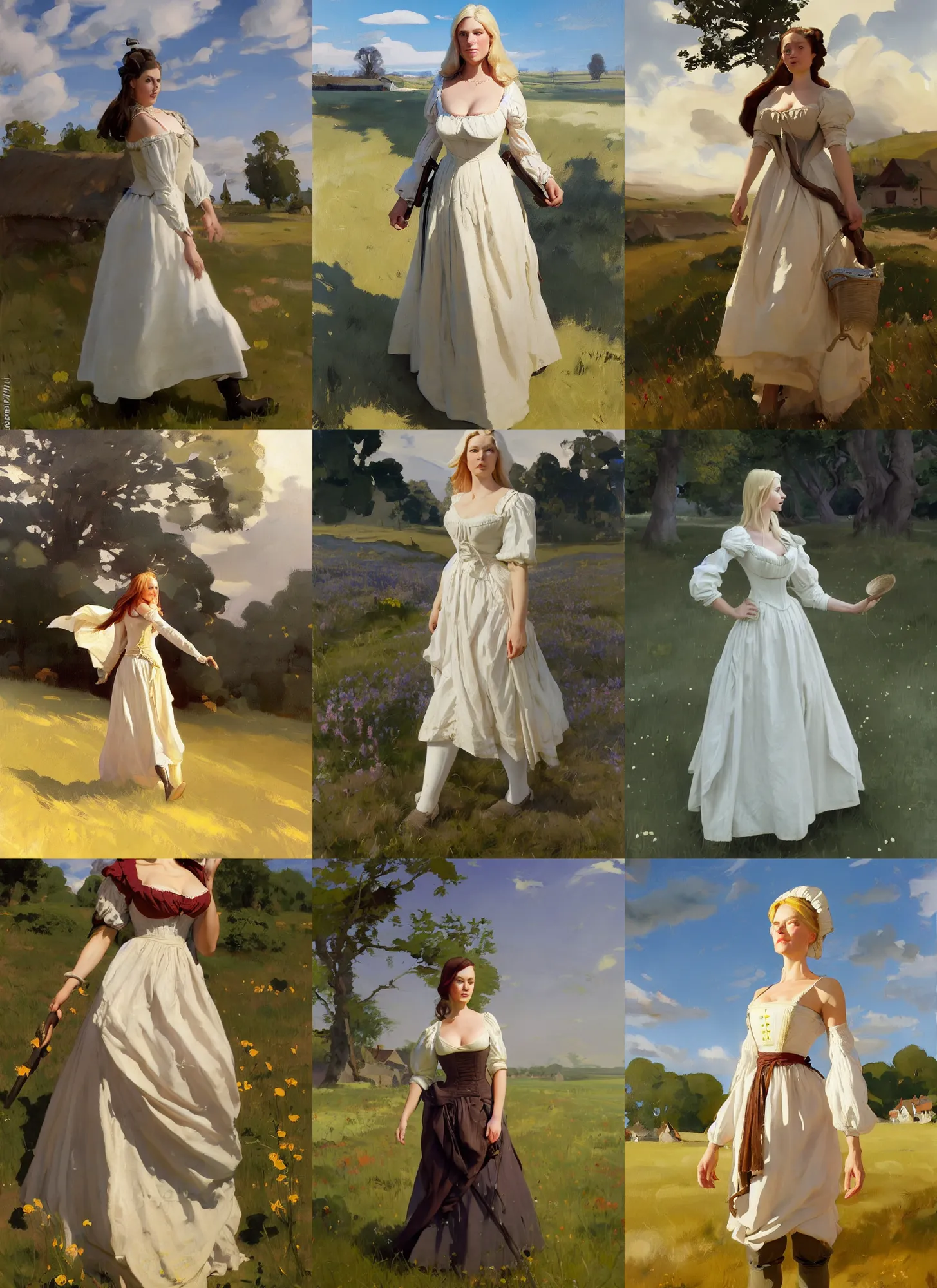 Prompt: finnish norwegian swedish scandinavian attractive glamour model as a village maiden wearing 1 7 th century bodice with low neckline walking in the field in a sunny day, jodhpurs greg manchess painting by sargent and leyendecker, studio ghibli fantasy medium shot asymmetrical intricate elegant matte painting illustration hearthstone, by greg rutkowski by greg tocchini by james gilleard