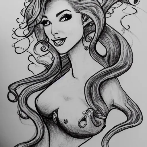 Image similar to mermaid pinup drawing. an octopus is in the background