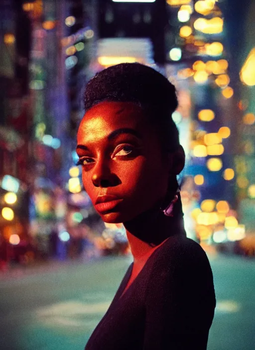 Prompt: A hyper realistic and detailed head portrait photography of a black hair, slim, black noir female on a futuristic street. by Annie Leibovitz. Neo noir style. Cinematic. neon lights glow in the background. Cinestill 800T film. Lens flare. Helios 44m