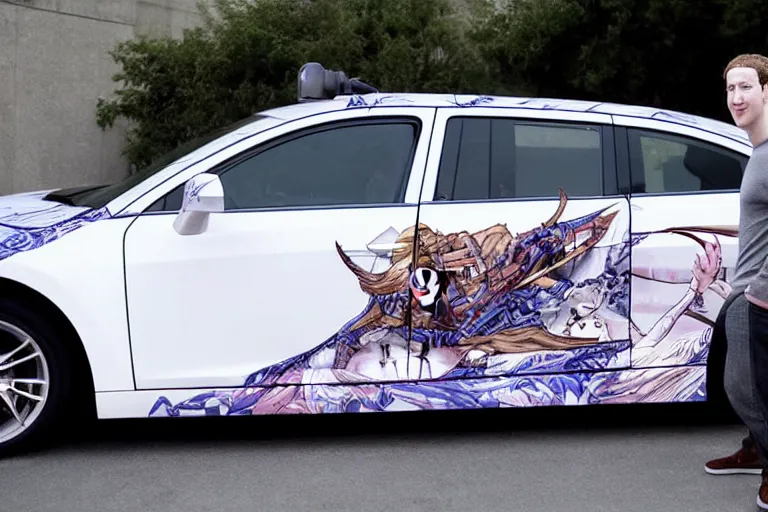 Prompt: mark Zuckerberg on anime car wrap, side shot