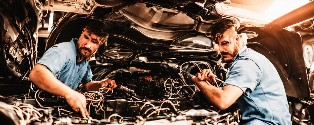 Prompt: a mechanic working on a car, with an engine made of spaghetti, facial expression, canon 5 0 mm, cinematic lighting, photography, retro, film, kodachrome, closeup