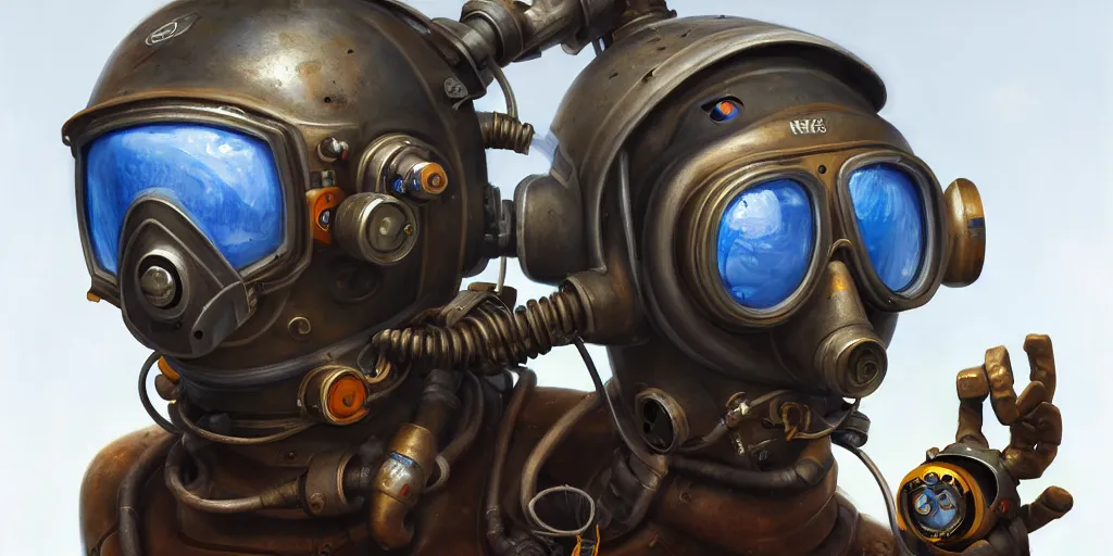 Image similar to highly detailed portrait painting of welder in atmospheric diving suit, mono eyed, by eddie mendoza and tyler edlin, windows, 8 k resolution