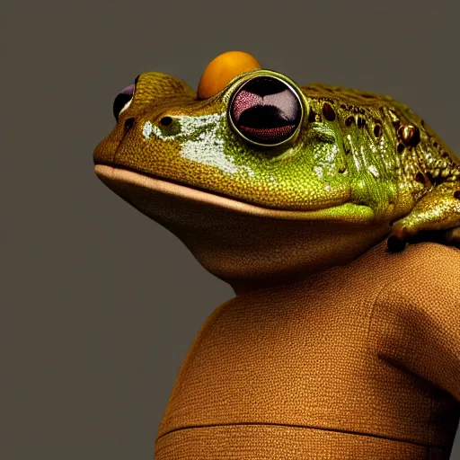 Image similar to a high quality photo of an antropomorphic frog wearing a suit smoking a cigar, 3d scene, render, ultra realistic, artstation, cgsociety